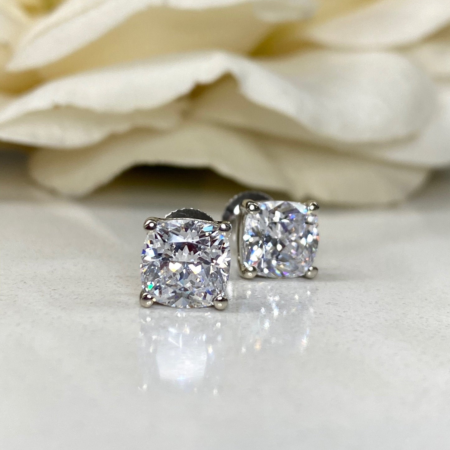 Moissanite Earrings , Cushion Cut Stud Earrings 14K White Gold , Simulated Diamond Stud Earrings , 350ctw Moissanite Earrings   #7153