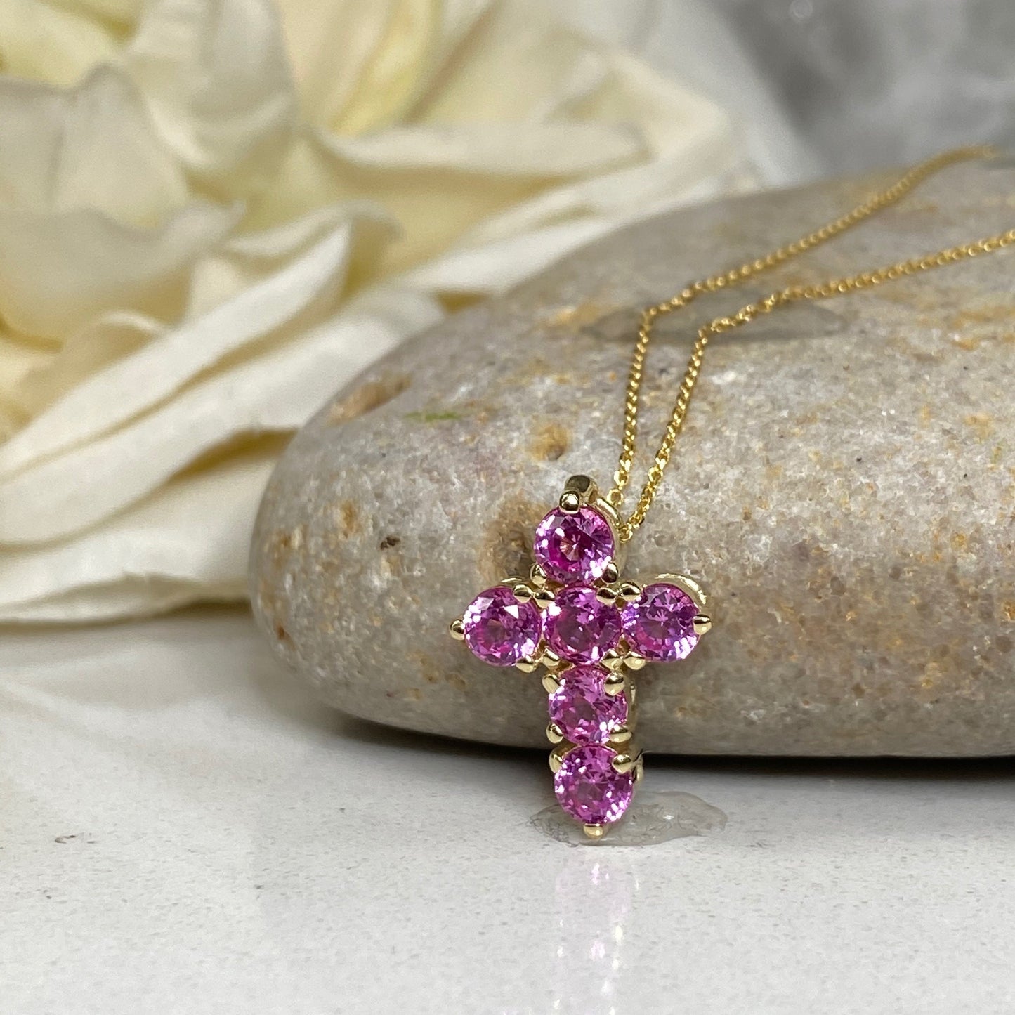 Cross Necklace, Pink Sapphire Small Cross Pendant Necklace, Dainty Crucifix Pendant Necklace, Minimalist Cross Pendant, Unisex Cross