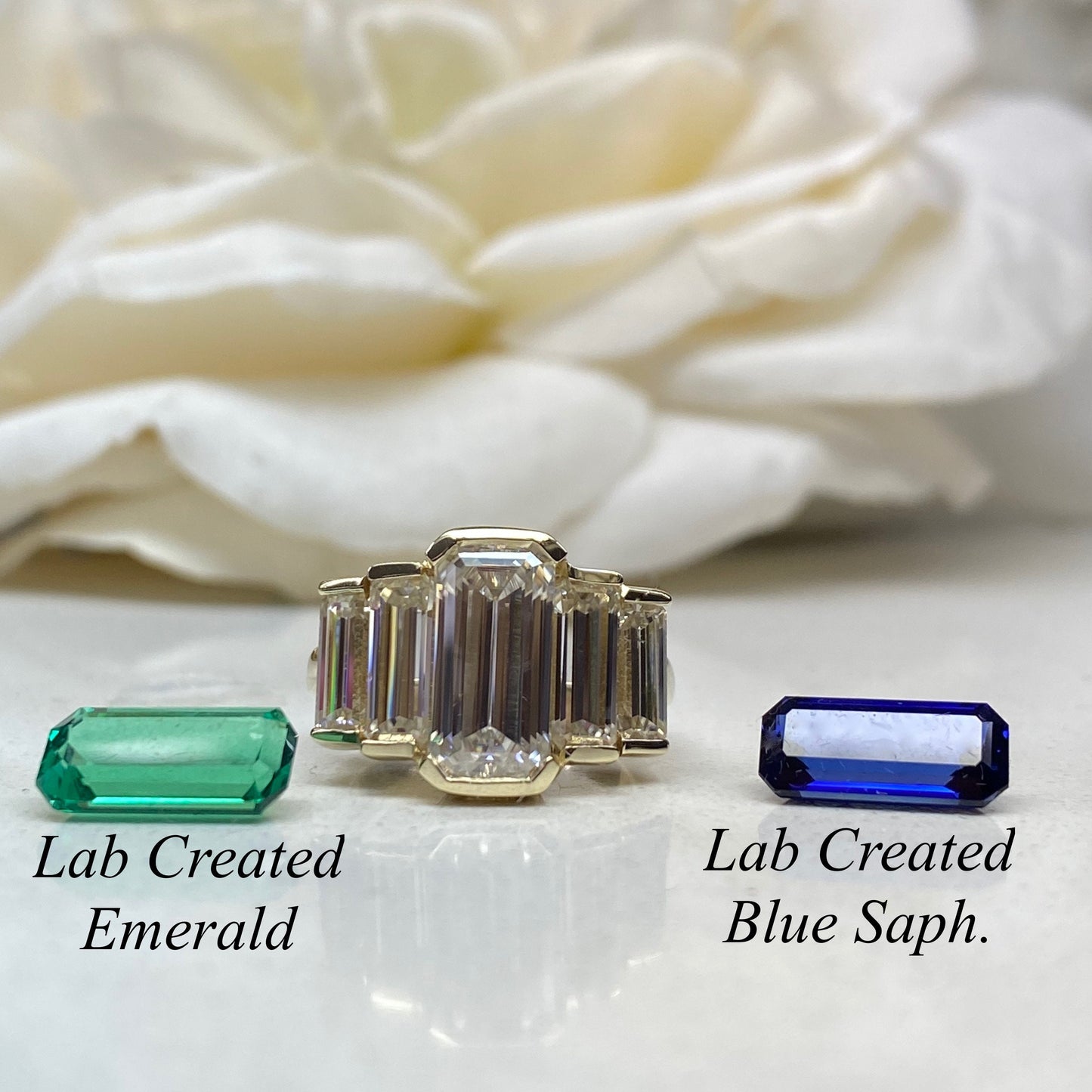 Unique Emerald Cut Emerald and Moissanite 5 Stone Engagement Ring, 14k Gold Bezel Set Five Stone Elongated Emerald Cut Wedding Ring    #8074