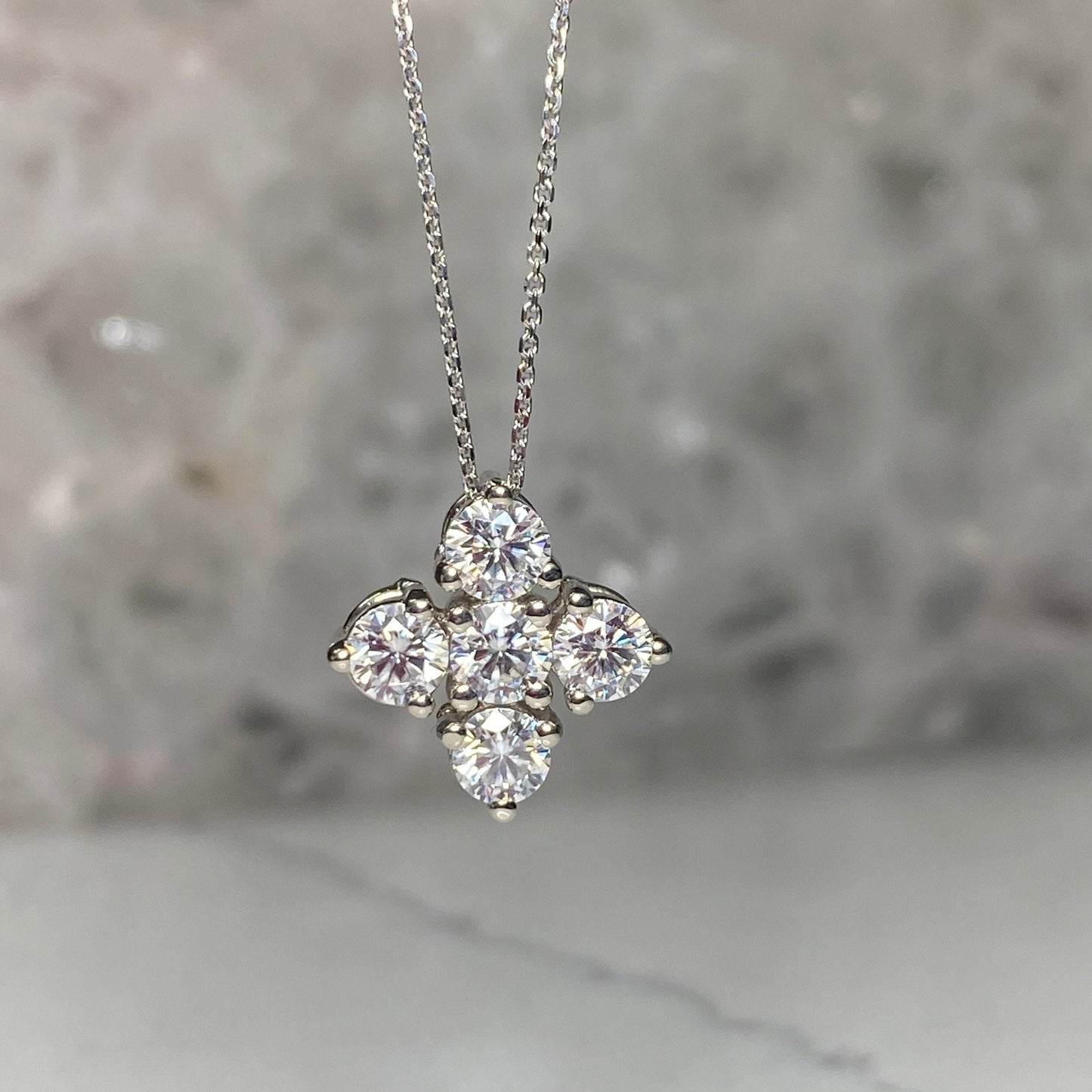 Moissanite April Birthstone Necklace 14k White Gold, Family Birthstone Necklace, Ladies Moissanite Gemstone Cluster Pendant Necklace #7152