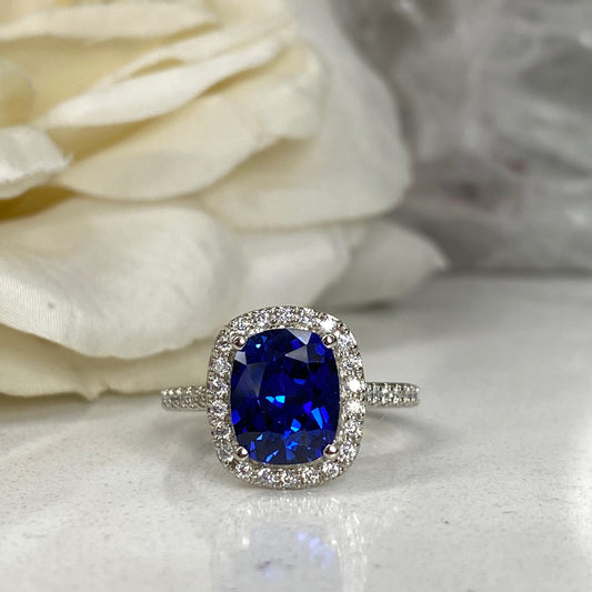 Elongated Cushion Blue Sapphire And Diamond Engagement Ring, Sapphire And Moissanite Wedding Ring, 14K Gold September Birthstone Ring #6813