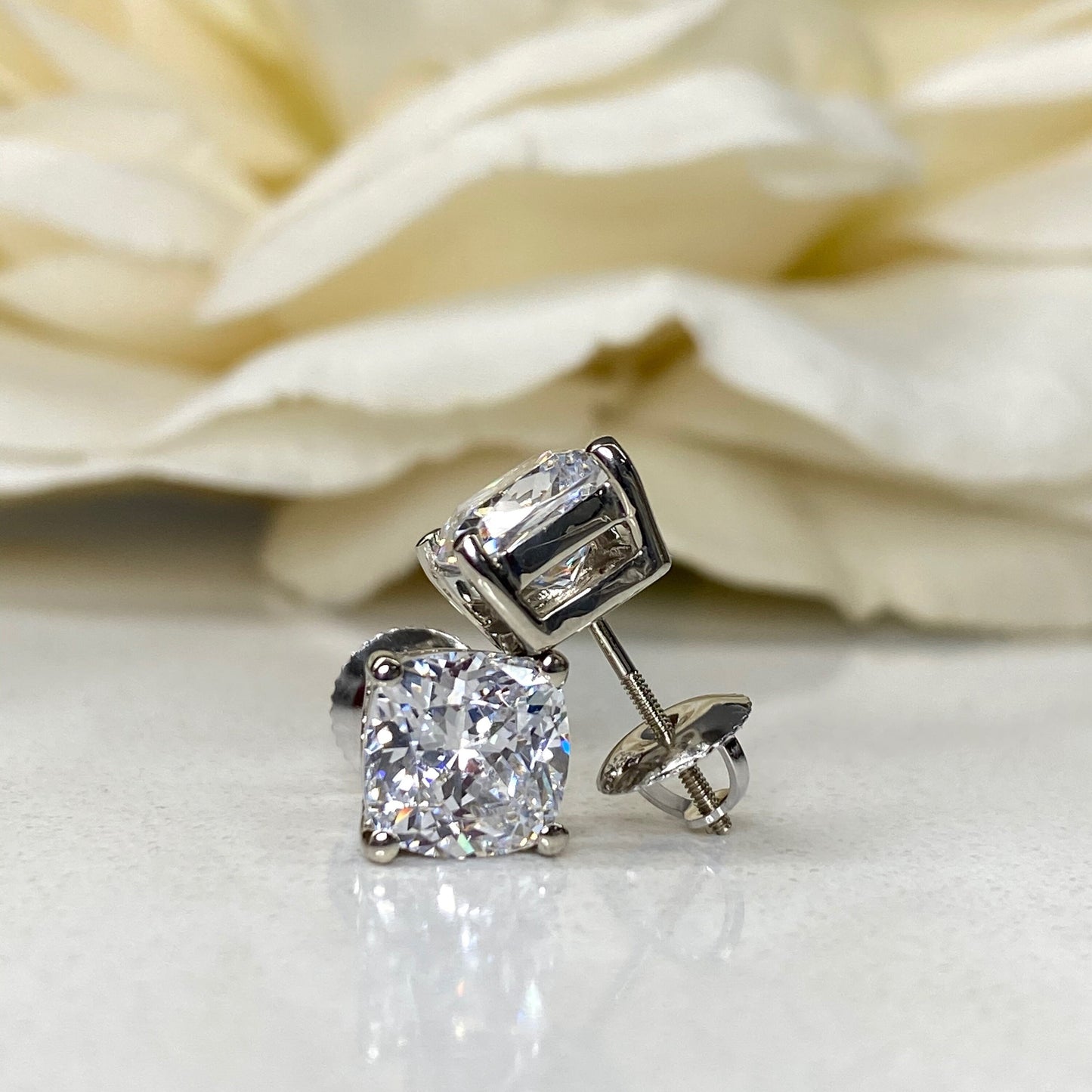 Moissanite Earrings , Cushion Cut Stud Earrings 14K White Gold , Simulated Diamond Stud Earrings , 350ctw Moissanite Earrings   #7153