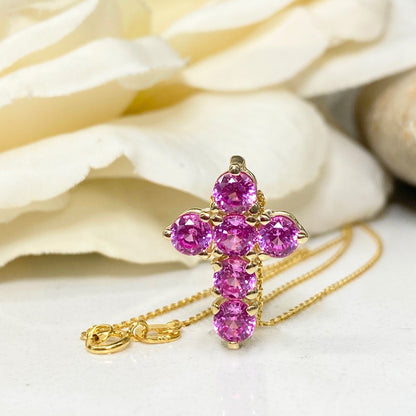 Cross Necklace, Pink Sapphire Small Cross Pendant Necklace, Dainty Crucifix Pendant Necklace, Minimalist Cross Pendant, Unisex Cross