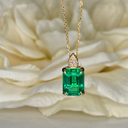 Solitaire Emerald Pendant Necklace, Ladies Emerald Cut Emerald And Diamond Pendant Necklace, 14k Yellow May Birthstone Necklace For Her 6648