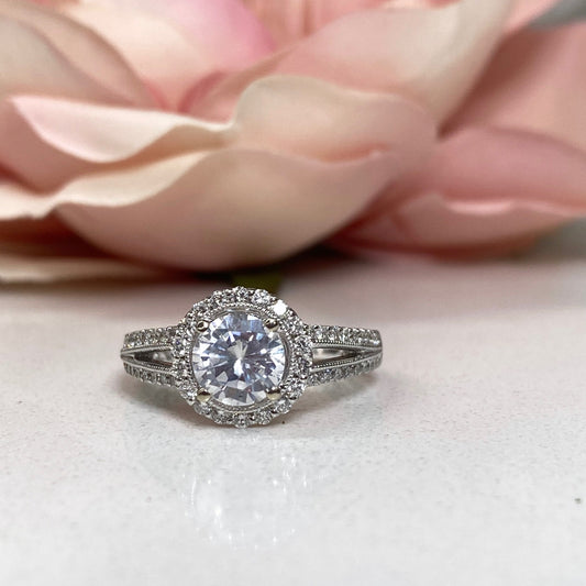 Round Moissanite Engagement Rings 14k Solid Gold , Unique Split Shank Diamond Wedding Ring , Moissanite and Diamond Halo Ring For Women #807