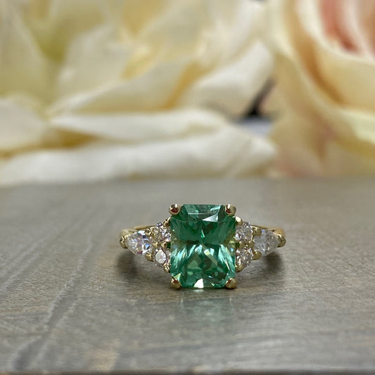 Radiant Cut Paraiba Tourmaline and Moissanite Engagement Rings For Women 14K Solid Yellow Gold, Unique Paraiba Tourmaline Ring Ladies  #7198