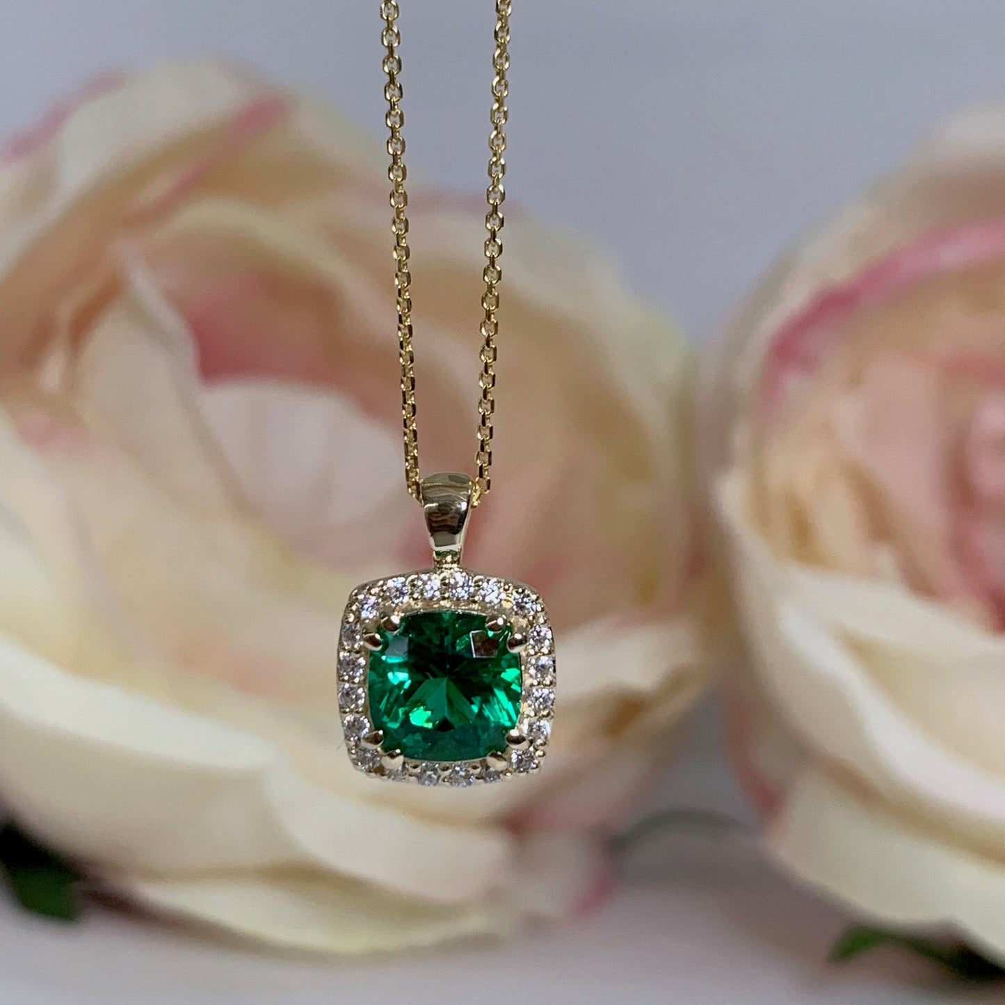 Cushion Cut Green Emerald Pendant Necklace For Ladies, Emerald Pendant With Moissanite Halo, 14k Gold Emerald And Moissanite Necklace  #6301