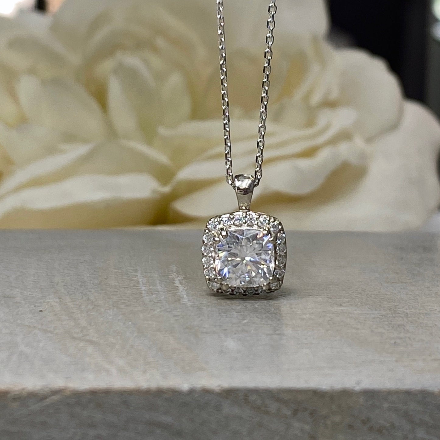 Cushion Cut Moissanite Halo Pendant 14k Solid Gold, Moissanite Halo Cushion Cut Necklace Women, Solitaire Moissanite Necklace Pendant #7210