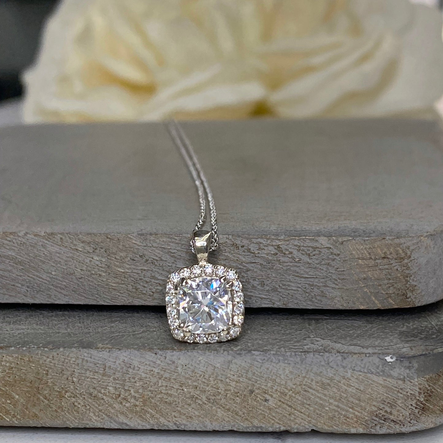 Cushion Cut Moissanite Halo Pendant 14k Solid Gold, Moissanite Halo Cushion Cut Necklace Women, Solitaire Moissanite Necklace Pendant #7210