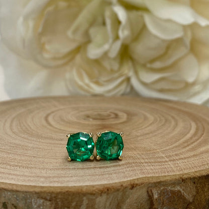 Web Cut Stud Earrings / Green Emerald Earrings / Octagon Earrings / 14k Yellow Gold / #6277