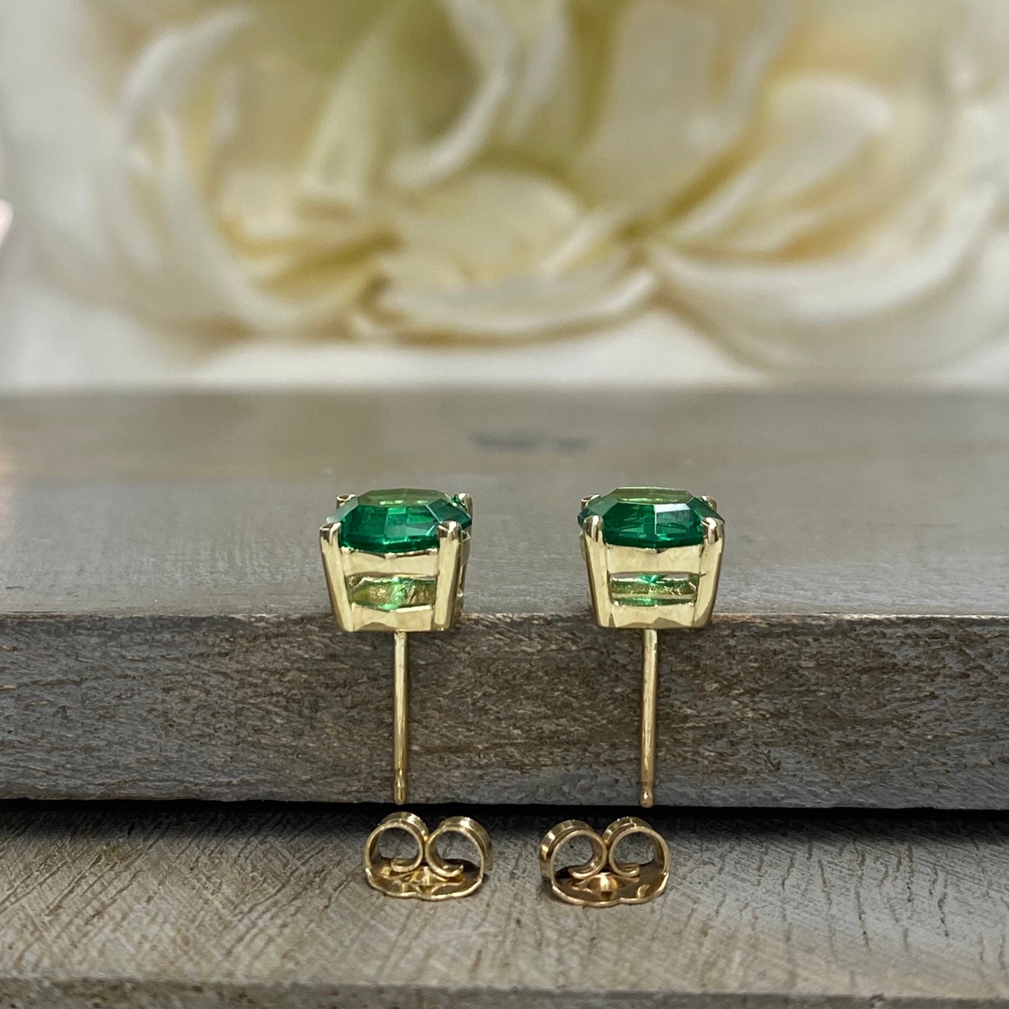 Web Cut Stud Earrings / Green Emerald Earrings / Octagon Earrings / 14k Yellow Gold / #6277