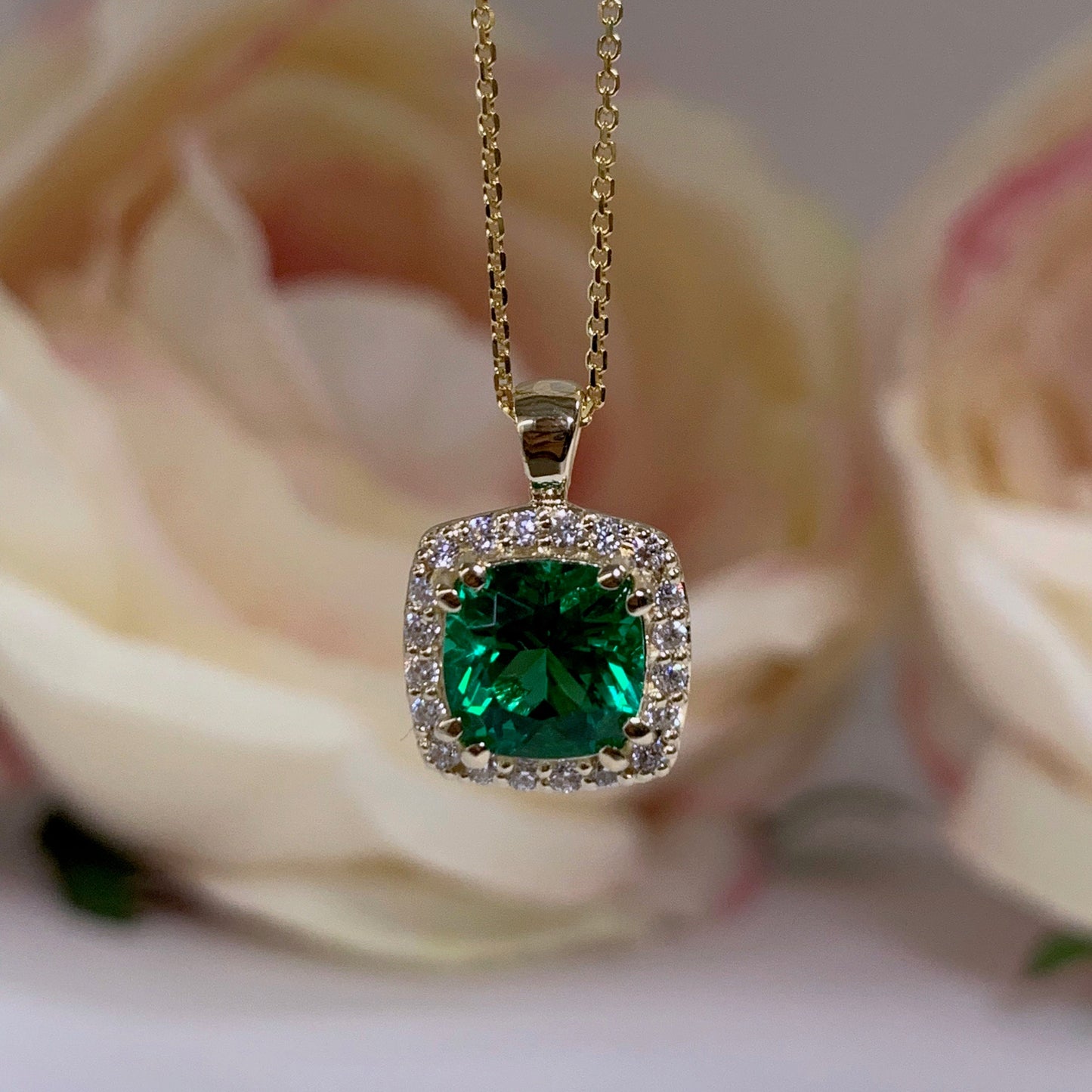 Cushion Cut Green Emerald Pendant Necklace For Ladies, Emerald Pendant With Moissanite Halo, 14k Gold Emerald And Moissanite Necklace  #6301