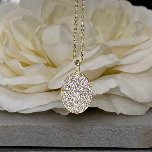 14k Gold Pave Moissanite North-South Oval Disc Necklace High Quality Moissanites for Women, Oval Cluster Moissanite Pendant Necklace