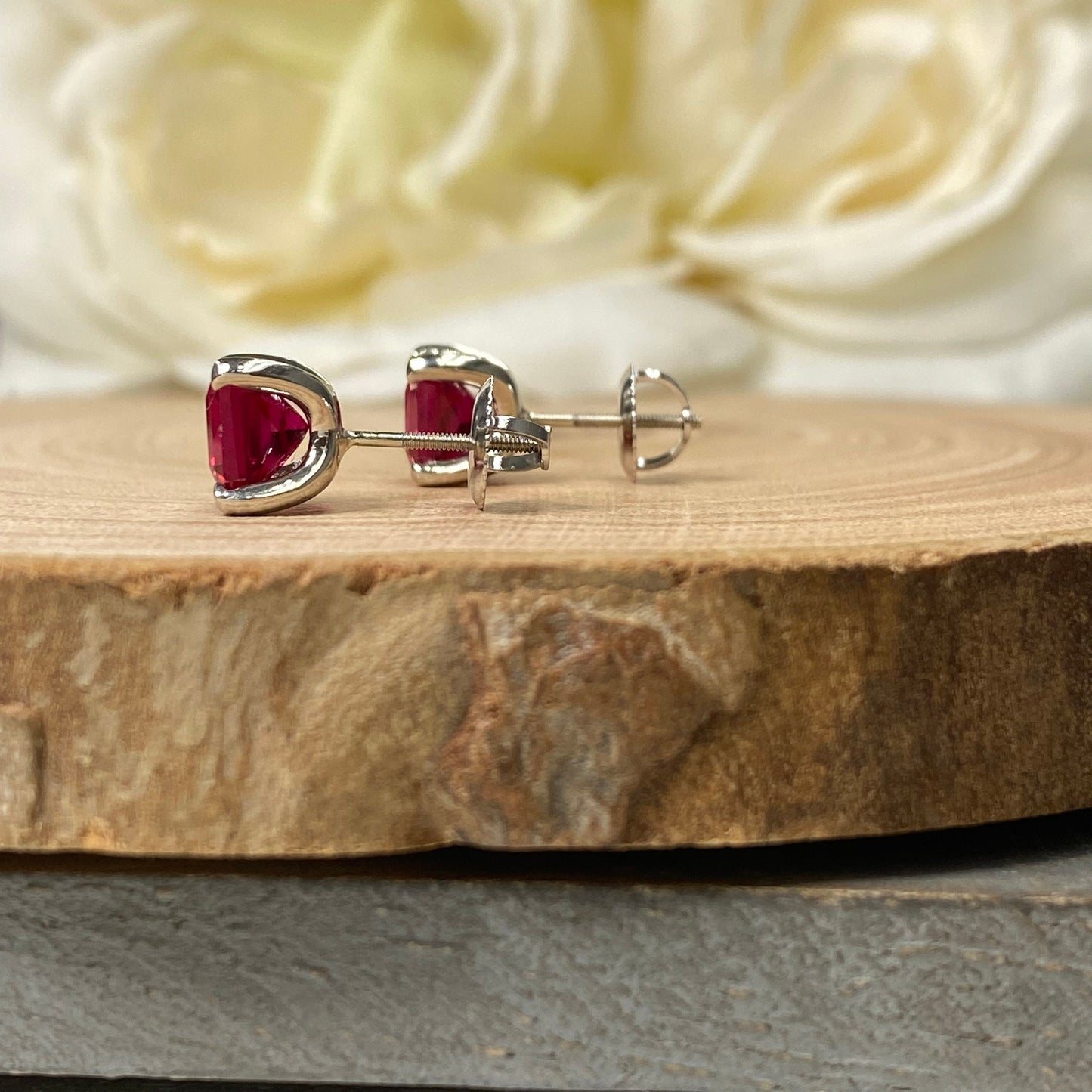 Radiant Cut Studs / Bloody Red Ruby Ladies Earring / Gift Ideas For Her / Anniversary Gift / Dainty Jewelry / 14k White Gold / #6173