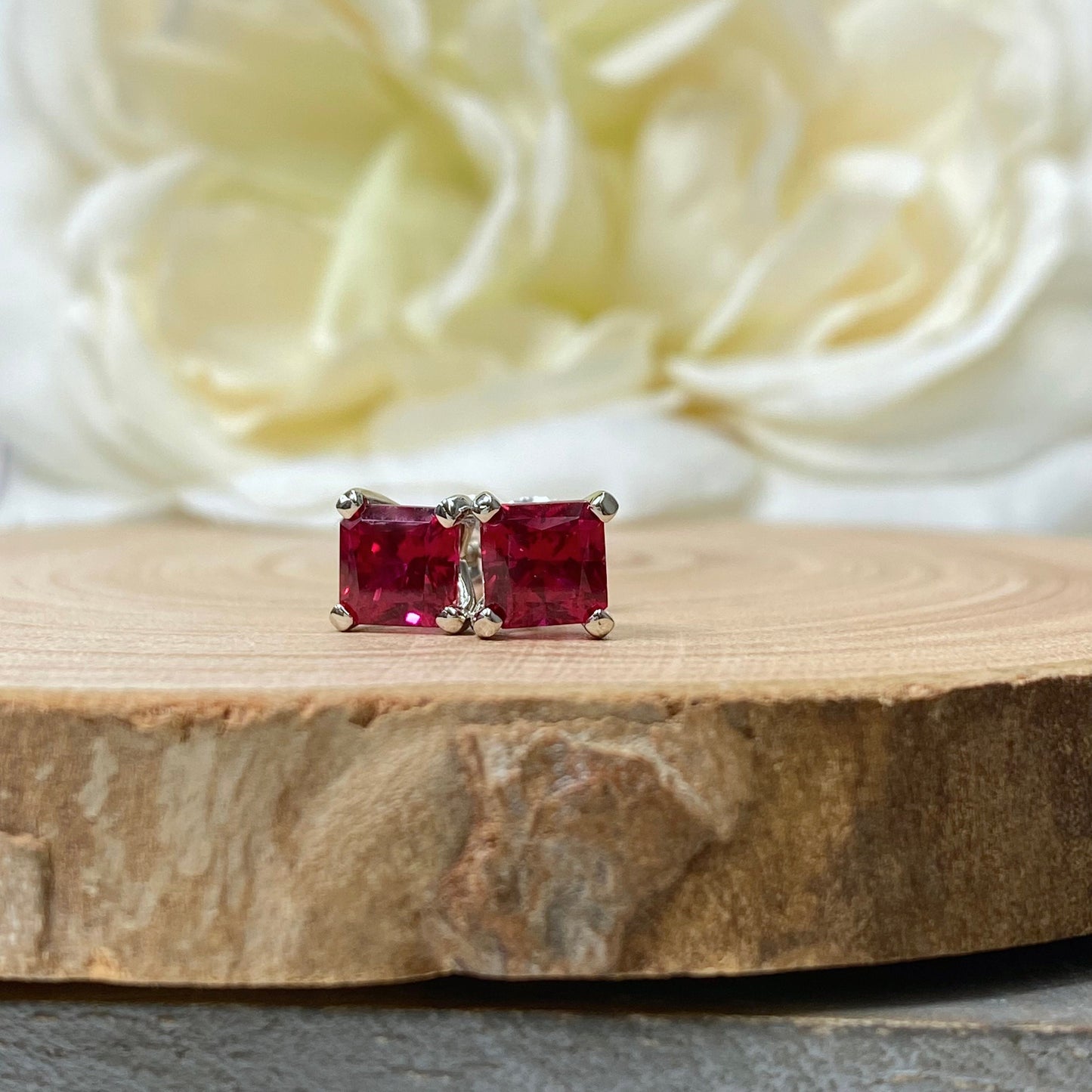 Radiant Cut Studs / Bloody Red Ruby Ladies Earring / Gift Ideas For Her / Anniversary Gift / Dainty Jewelry / 14k White Gold / #6173