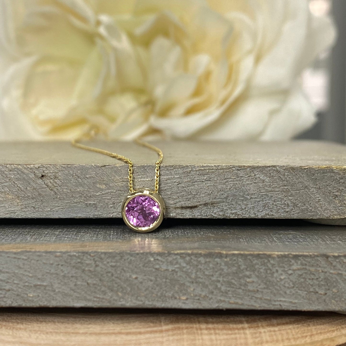 Sapphire Necklace / Pink Sapphire Bezel Pendant / 14k Yellow Gold / Pink Sapphire Necklace / Bezel Set Pendant # 6425