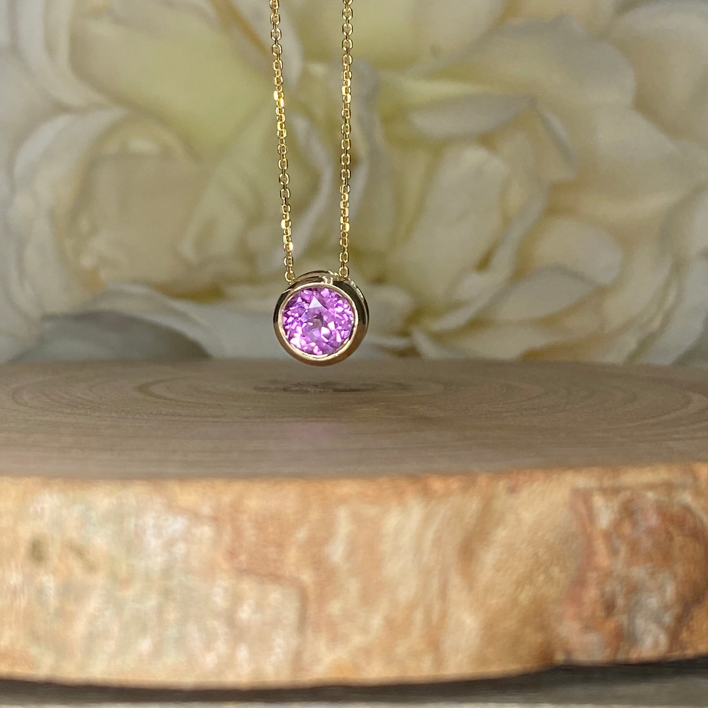 Sapphire Necklace / Pink Sapphire Bezel Pendant / 14k Yellow Gold / Pink Sapphire Necklace / Bezel Set Pendant # 6425