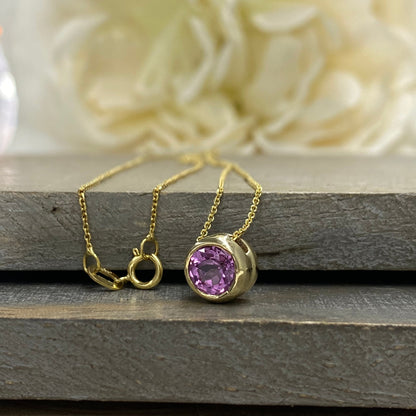 Sapphire Necklace / Pink Sapphire Bezel Pendant / 14k Yellow Gold / Pink Sapphire Necklace / Bezel Set Pendant # 6425