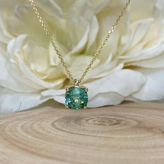 Paraiba Tourmaline Pendant Necklace 14K Yellow Gold, Simple Layering Necklace For Women, Cushion Cut Green Paraiba Tourmaline Necklace #7232