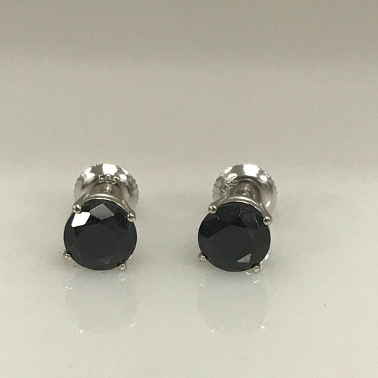 Black Spinel Stud Earrings 14K Solid White Gold Unisex Earrings, Round Spinel Stud Earrings Screw Backs, Black Stud Earrings For Men