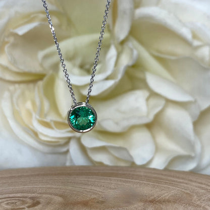 Emerald floating pendant,  bezel set emerald necklace 14k white gold ,18 inch diamond cut cable chain #5935