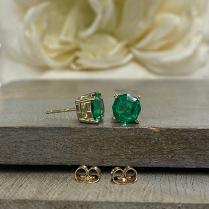 Web Cut Stud Earrings / Green Emerald Earrings / Octagon Earrings / 14k Yellow Gold / #6277