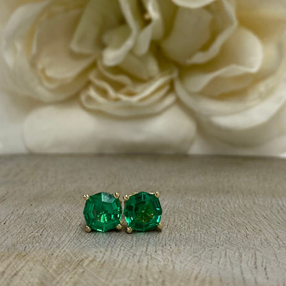 Web Cut Stud Earrings / Green Emerald Earrings / Octagon Earrings / 14k Yellow Gold / #6277