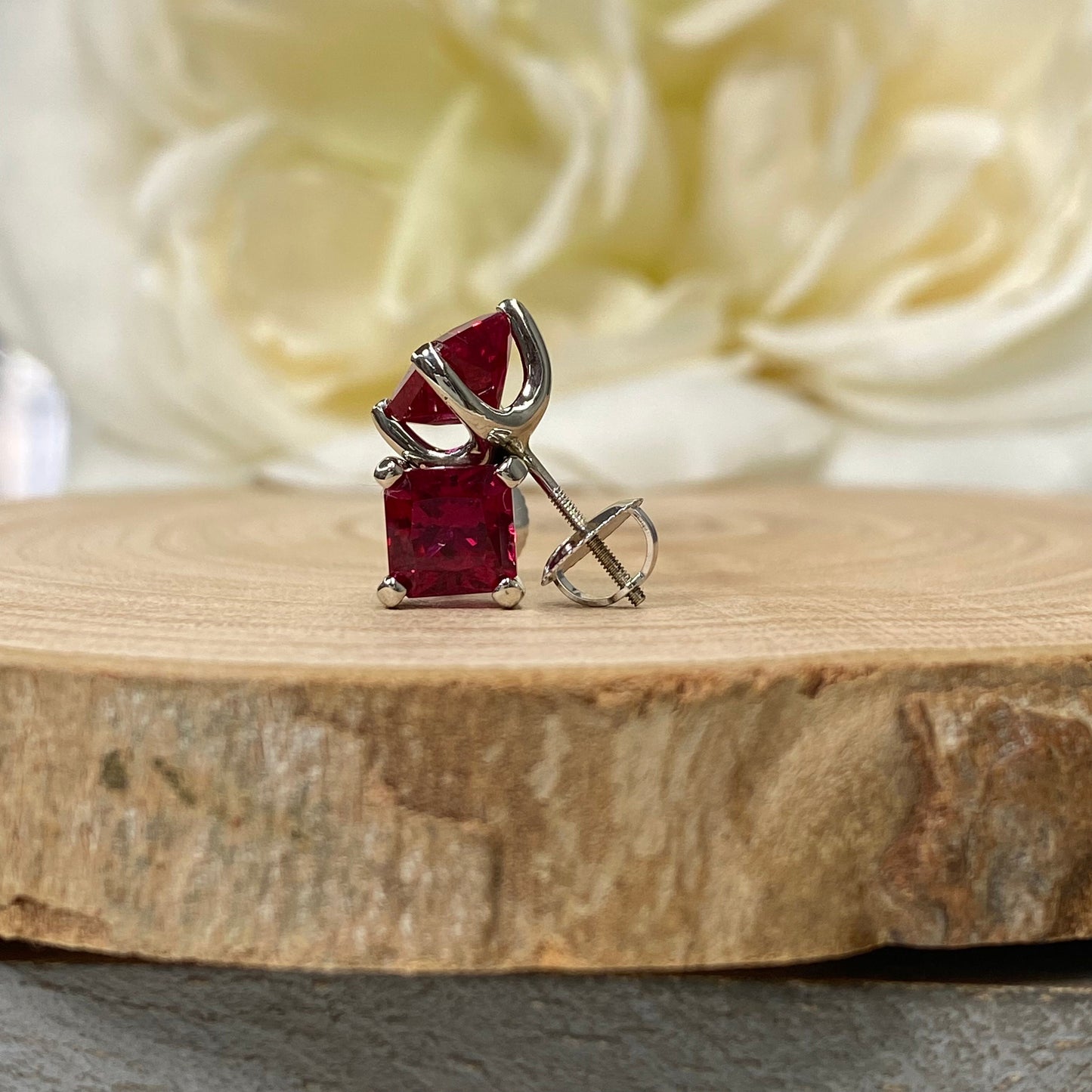 Radiant Cut Studs / Bloody Red Ruby Ladies Earring / Gift Ideas For Her / Anniversary Gift / Dainty Jewelry / 14k White Gold / #6173