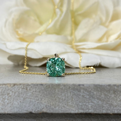 Paraiba Tourmaline Pendant Necklace 14K Yellow Gold, Simple Layering Necklace For Women, Cushion Cut Green Paraiba Tourmaline Necklace #7232