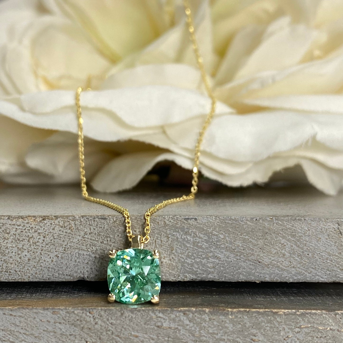 Paraiba Tourmaline Pendant Necklace 14K Yellow Gold, Simple Layering Necklace For Women, Cushion Cut Green Paraiba Tourmaline Necklace #7232