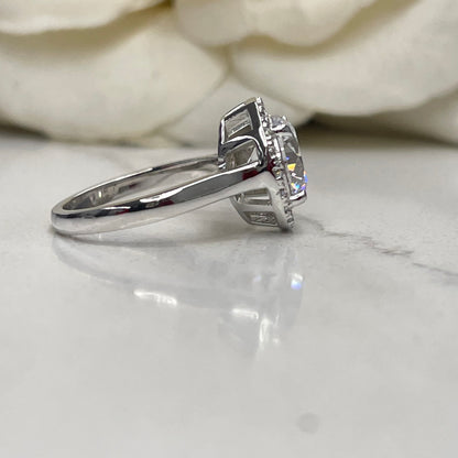 Round Moissanite Halo Engagement Ring 14K White Gold, Forever One Moissanite Engagement Ring, Unique Vintage Wedding Ring Halo  For Women