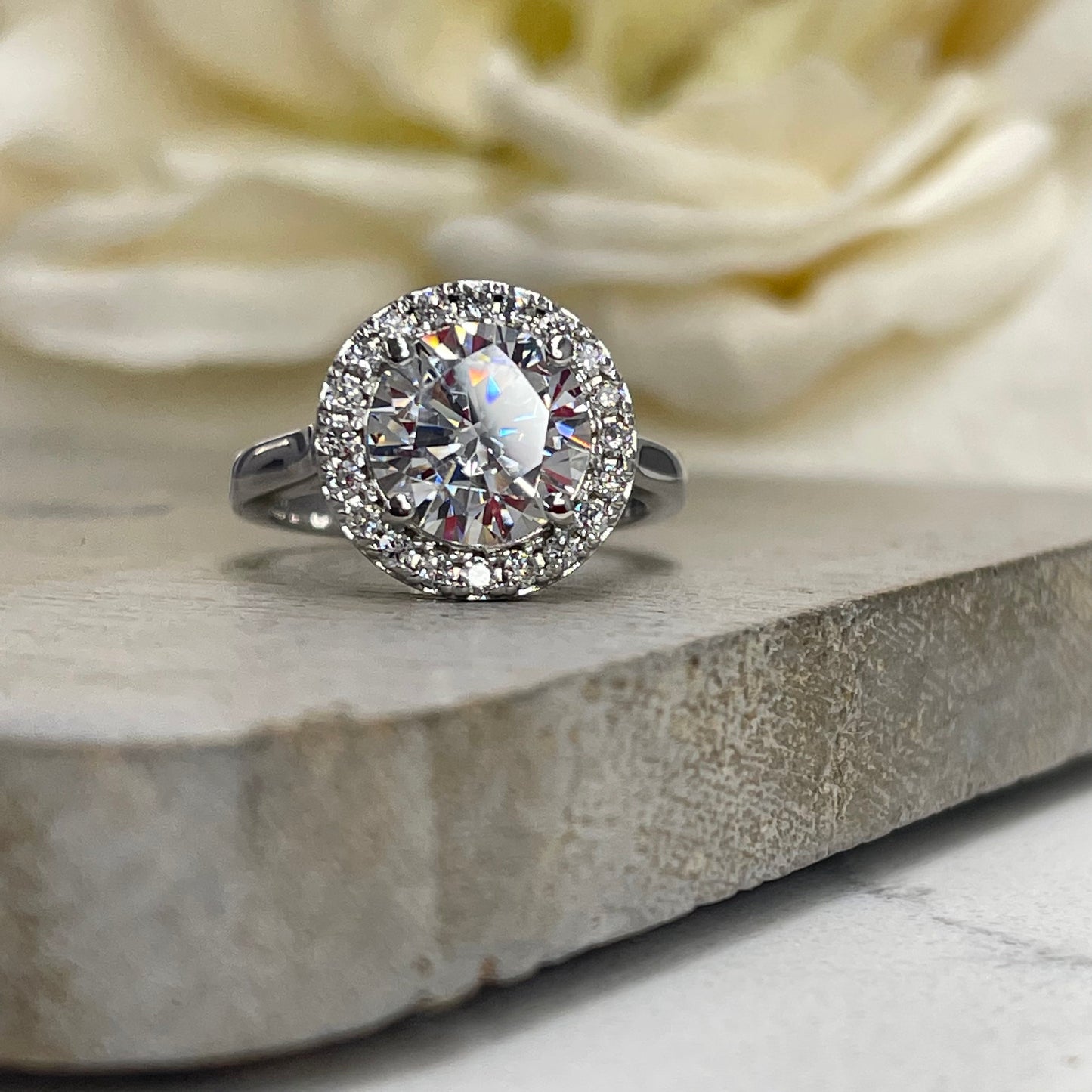 Round Moissanite Halo Engagement Ring 14K White Gold, Forever One Moissanite Engagement Ring, Unique Vintage Wedding Ring Halo  For Women