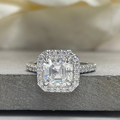 Asscher Cut Moissanite Engagement Ring 14K White Gold, Forever One Halo Engagement Ring For Women, Unique Vintage Wedding Promise Rings