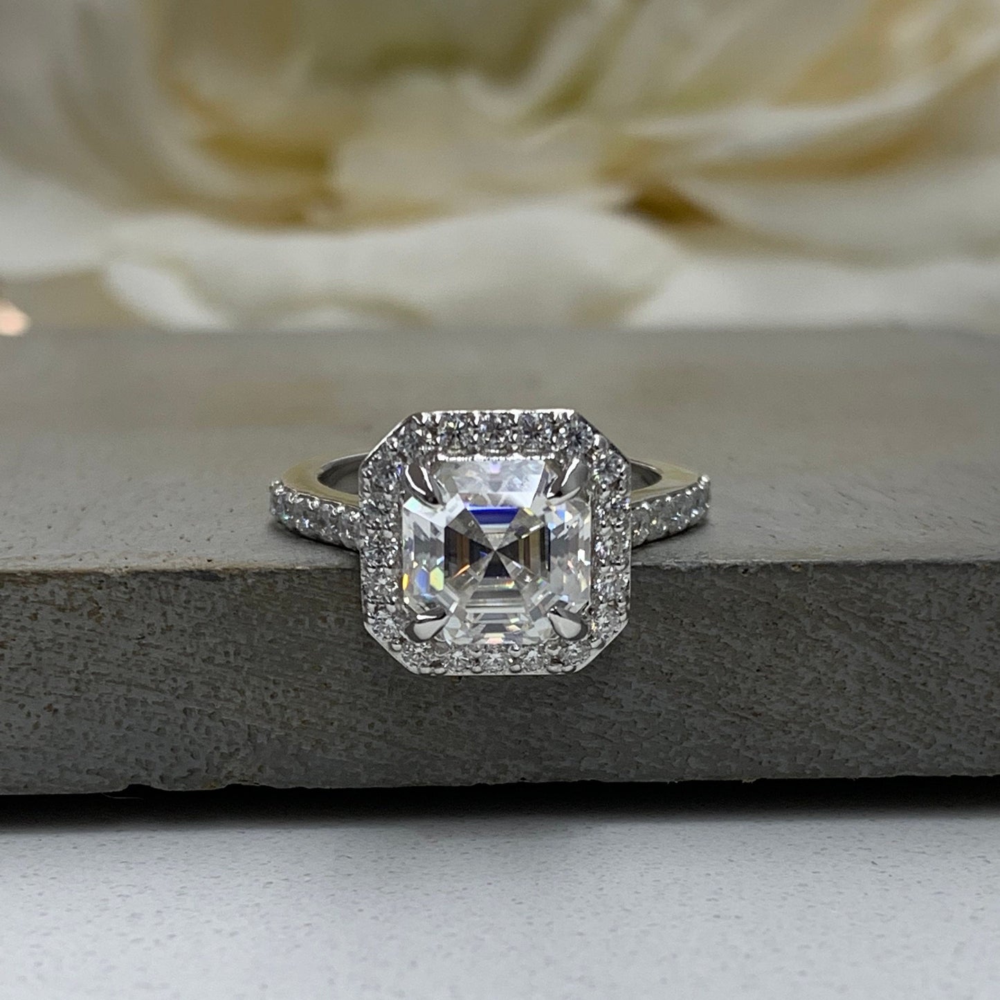 Asscher Cut Moissanite Engagement Ring 14K White Gold, Forever One Halo Engagement Ring For Women, Unique Vintage Wedding Promise Rings