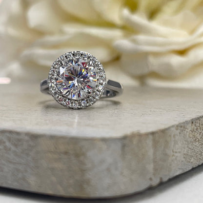 Round Moissanite Halo Engagement Ring 14K White Gold, Forever One Moissanite Engagement Ring, Unique Vintage Wedding Ring Halo  For Women