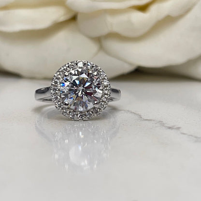 Round Moissanite Halo Engagement Ring 14K White Gold, Forever One Moissanite Engagement Ring, Unique Vintage Wedding Ring Halo  For Women