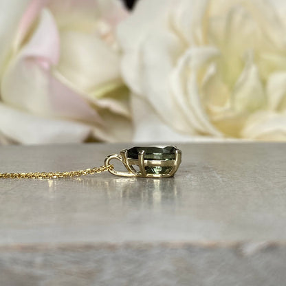 Pear Shaped Olive Green Sapphire Pendant Necklace 14k Yellow Gold Pear Shape Ladies Necklace Unique Olive Green Sapphire Pendant   #7274