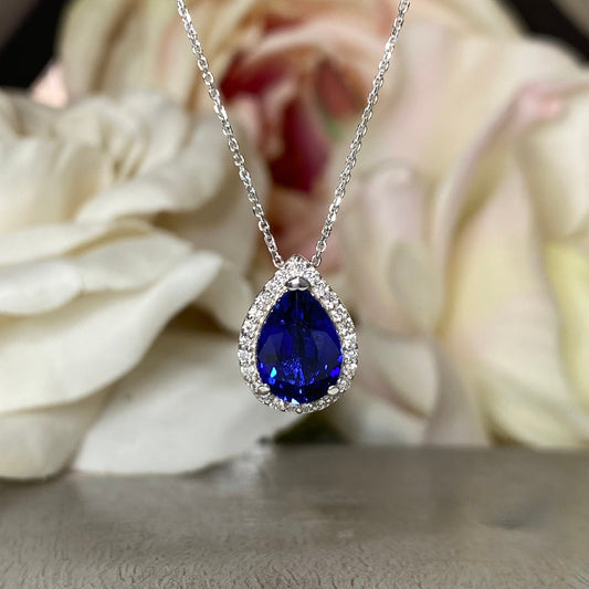 Blue Sapphire and Moissanite Halo Pendant Necklace, Diamond Halo Pear Shape Blue Sapphire Necklace Blue Sapphire Pendant Gold Necklace