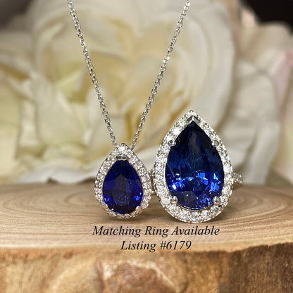 Blue Sapphire and Moissanite Halo Pendant Necklace, Diamond Halo Pear Shape Blue Sapphire Necklace Blue Sapphire Pendant Gold Necklace