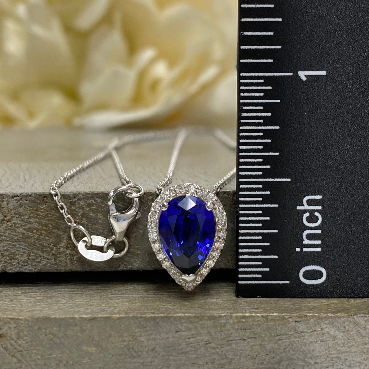 Blue Sapphire and Moissanite Halo Pendant Necklace, Diamond Halo Pear Shape Blue Sapphire Necklace Blue Sapphire Pendant Gold Necklace