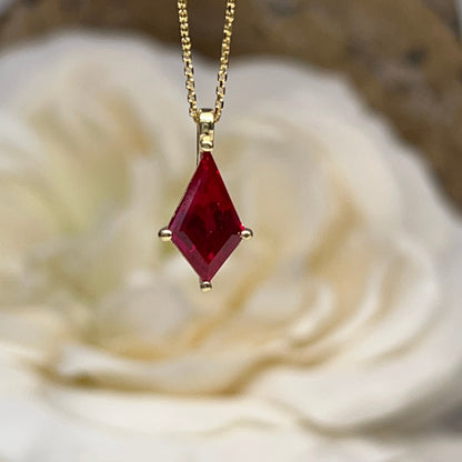 Ruby Kite Shape Pendant Necklace Solid 14K Yellow Gold, Ladies Ruby Necklace Unique Kite Shape Ruby Necklace Pendant Dainty Necklace #7286