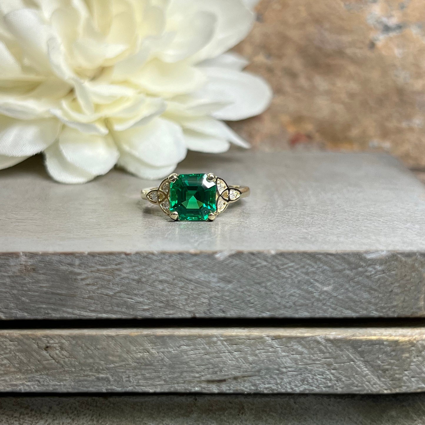 Asscher Cut Emerald Engagement Ring 14K Yellow Gold Green Emerald  Celtic Engagement Rings Moissanite Celtic Gold Wedding Promise Ring