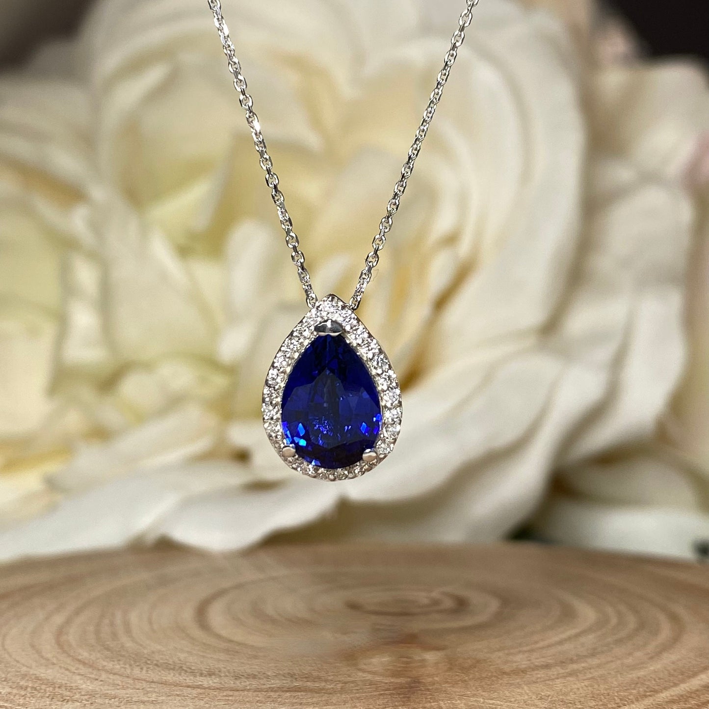 Blue Sapphire and Moissanite Halo Pendant Necklace, Diamond Halo Pear Shape Blue Sapphire Necklace Blue Sapphire Pendant Gold Necklace