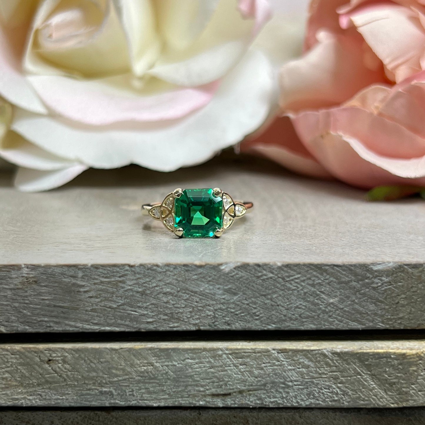 Asscher Cut Emerald Engagement Ring 14K Yellow Gold Green Emerald  Celtic Engagement Rings Moissanite Celtic Gold Wedding Promise Ring