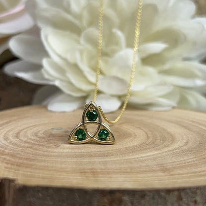 Celtic Necklace Three Stone Emerald  Pendant 14K Yellow Gold Celtic Trinity Pendant Necklace Triangle Necklace Dainty Layering Necklace