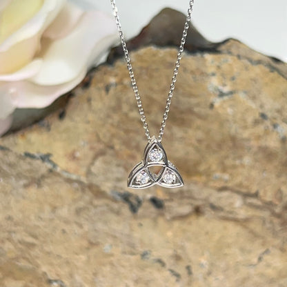 Celtic Necklace Three Stone Moissanite Pendant  14K White Gold  Celtic Trinity Pendant Necklace  Triangle Necklace  Layering Necklace