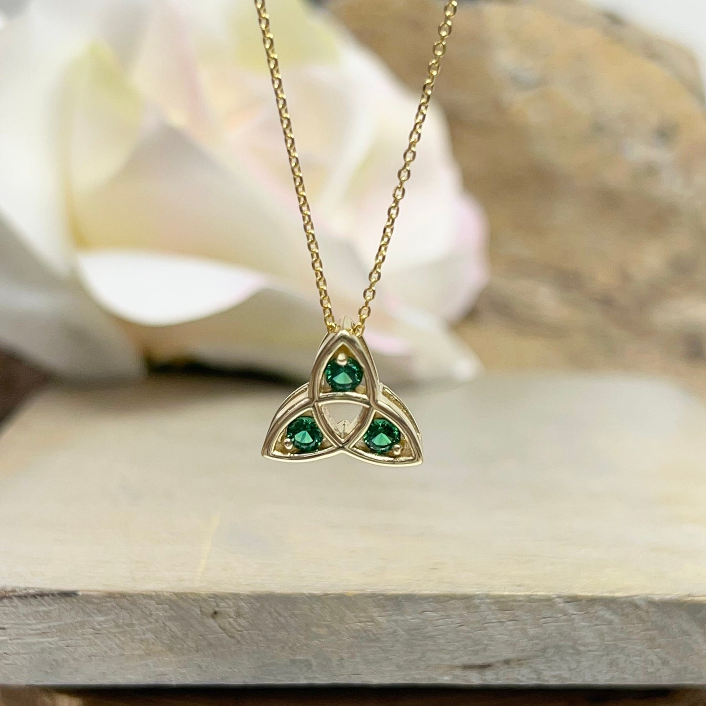 Celtic Necklace Three Stone Emerald  Pendant 14K Yellow Gold Celtic Trinity Pendant Necklace Triangle Necklace Dainty Layering Necklace