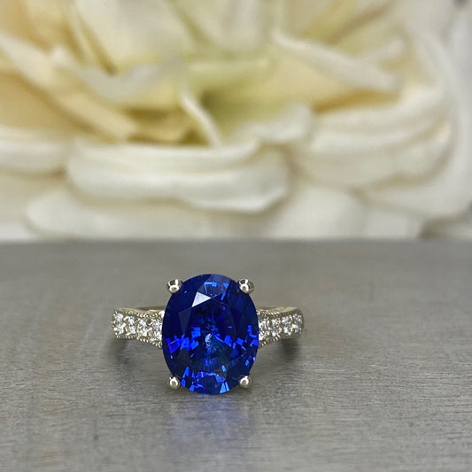 Oval Blue Sapphire Engagement Ring White Gold, Blue Sapphire Solitaire Ring For Women, Unique Vintage Oval Sapphire Engagement Rings, #7225