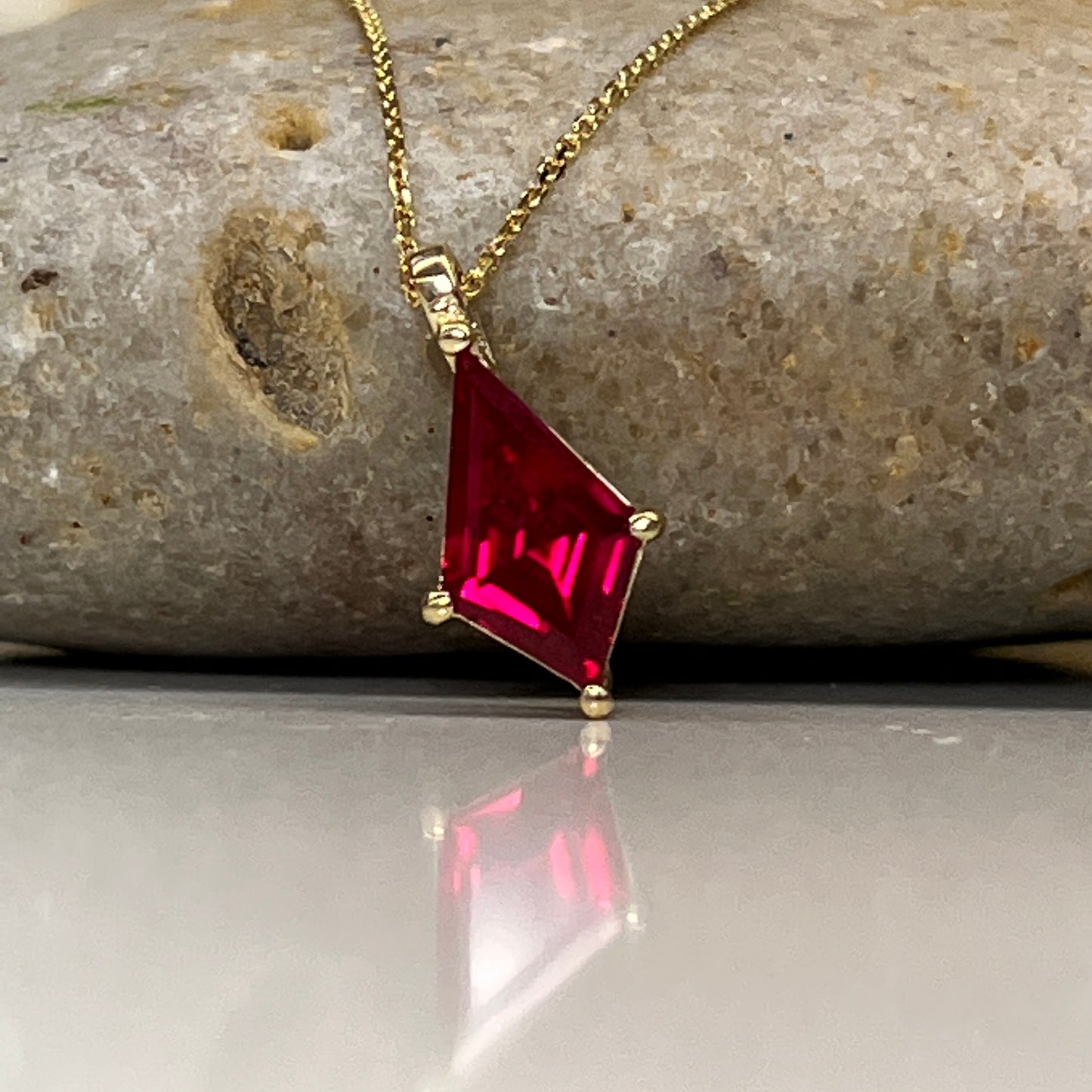 Ruby Kite Shape Pendant Necklace Solid 14K Yellow Gold, Ladies Ruby Necklace Unique Kite Shape Ruby Necklace Pendant Dainty Necklace #7286