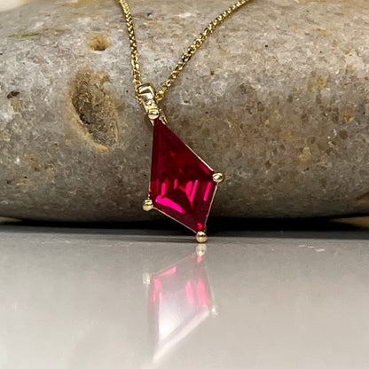 Ruby Kite Shape Pendant Necklace Solid 14K Yellow Gold, Ladies Ruby Necklace Unique Kite Shape Ruby Necklace Pendant Dainty Necklace #7286